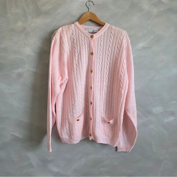 Womens Pale Pink Cord Knit Gold Button Cardigan Sz XL Reel Fishermann Kawaii - Picture 2 of 10
